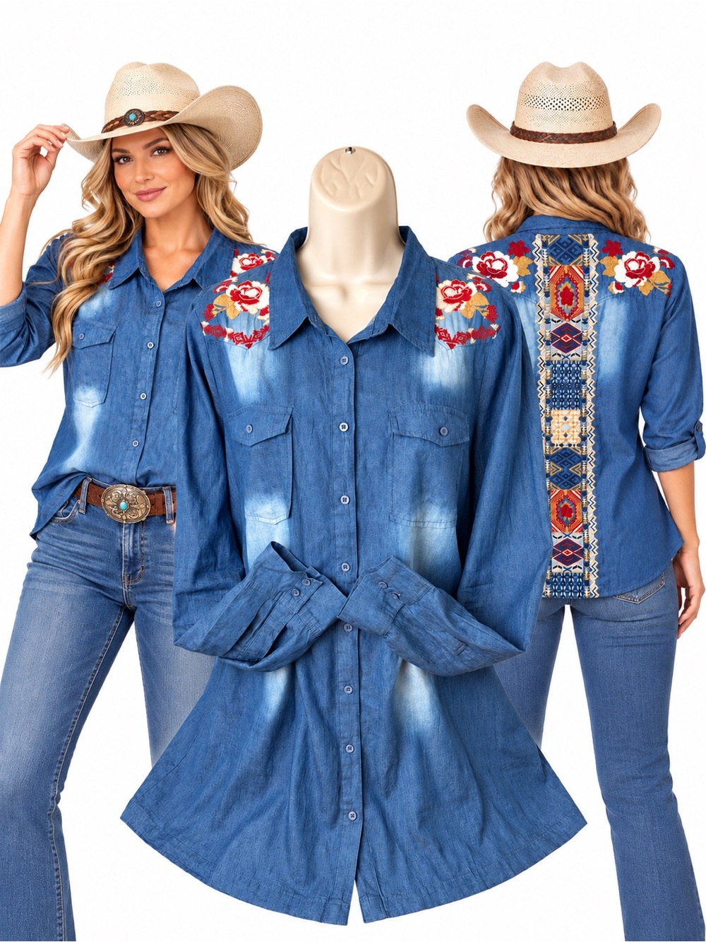 Andree by Unit Embroidered Chambray Denim Tunic Shirt Boho Western L